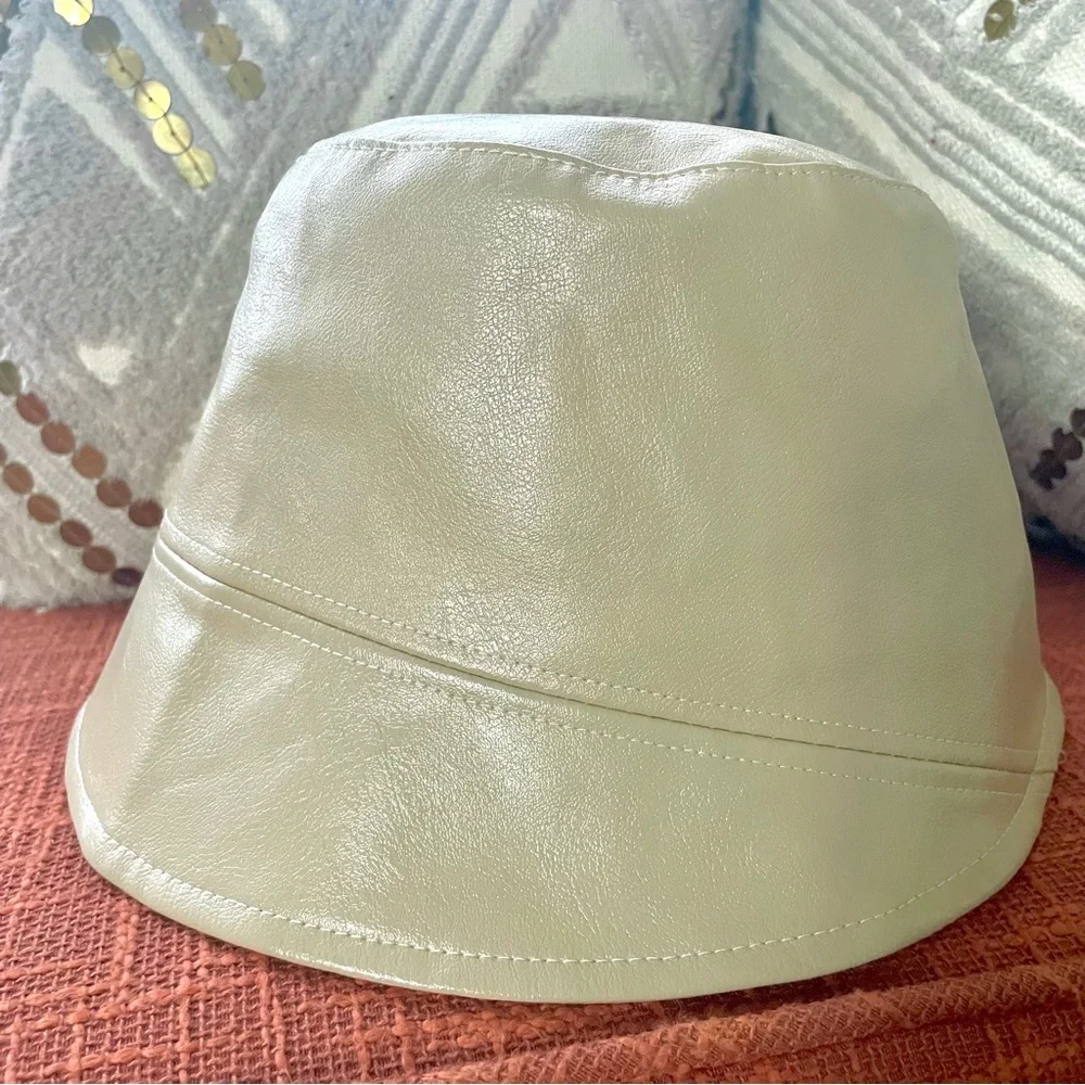 NWT Anthropologie Faux Leather Bucket Hat In Ivory Adjustable